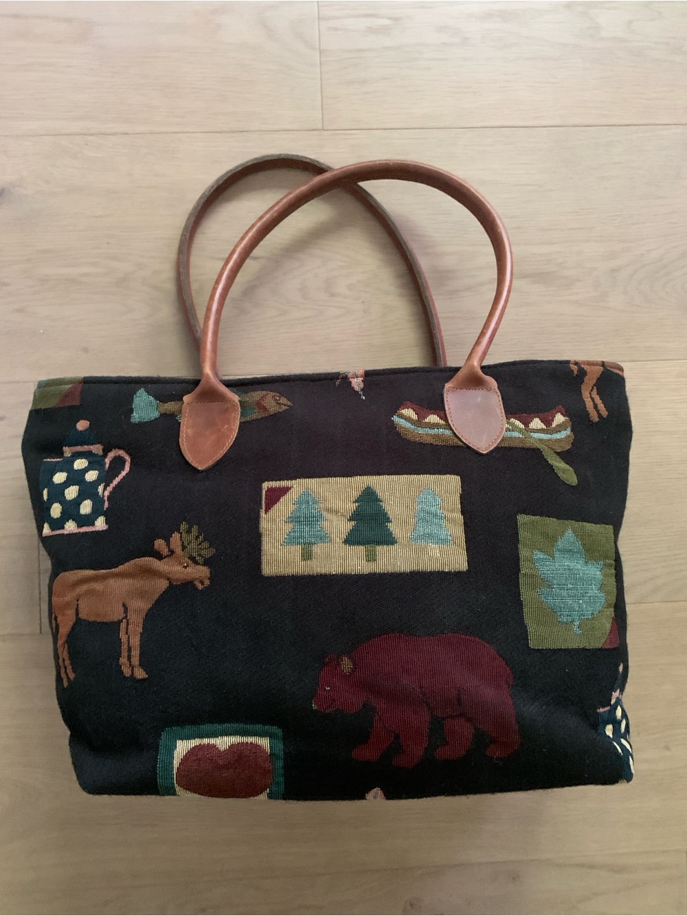 Vintage 90s Orvis Rustic Lodge Tapestry Tote Bag Moose Bear Leather Handles - Picture 6 of 16